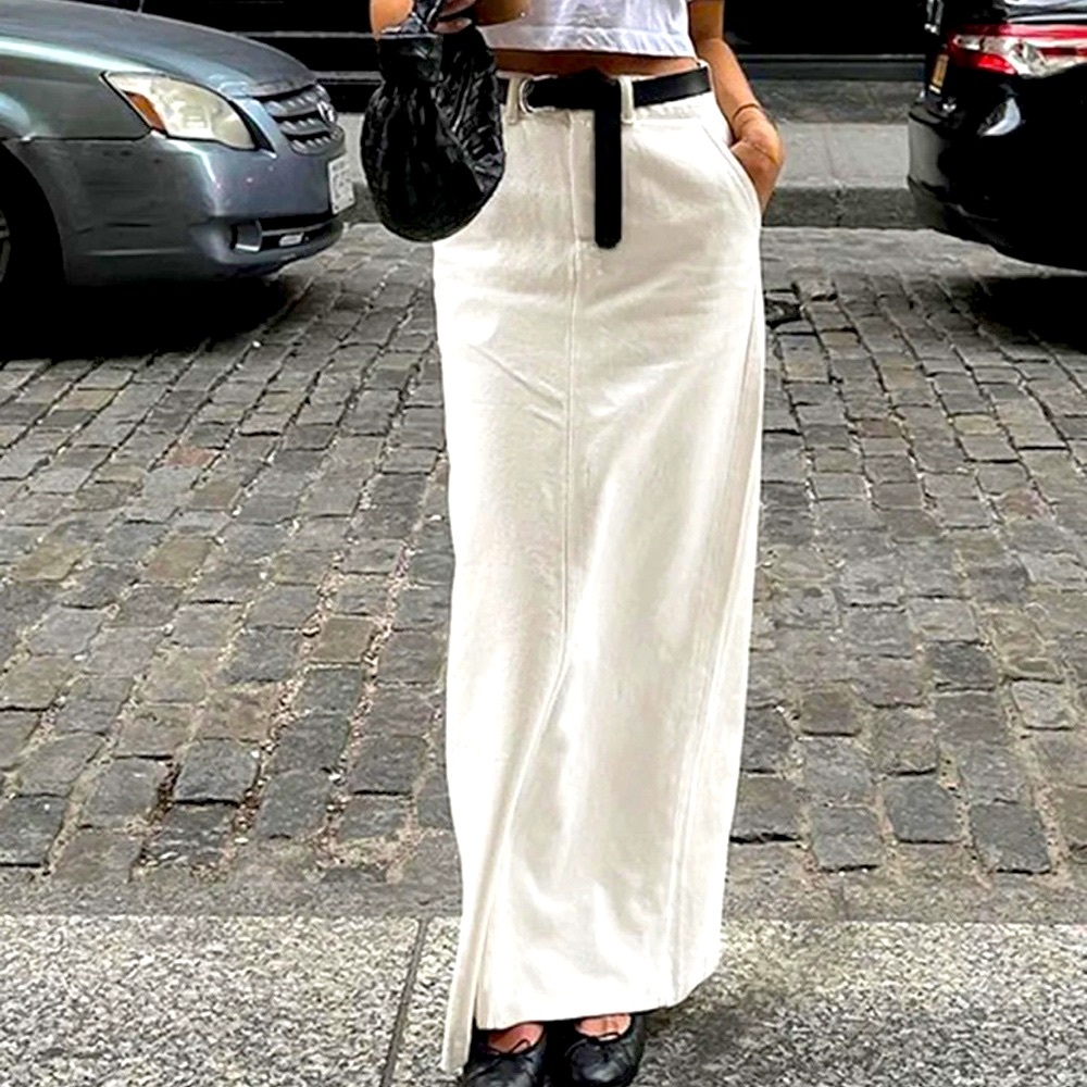 Commense White Maxi Skirt Parisian Slit Belt Loops Boho SZ M NWT - Picture 1 of 11